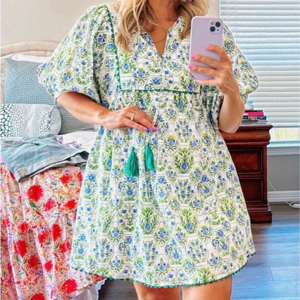 Entro Green and Blue Patterned Mini Dress